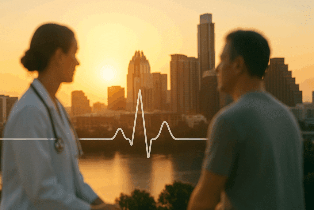 Austin skyline at sunrise with clinician and patient, symbolizing safe, medically supervised drug detox in Austin.