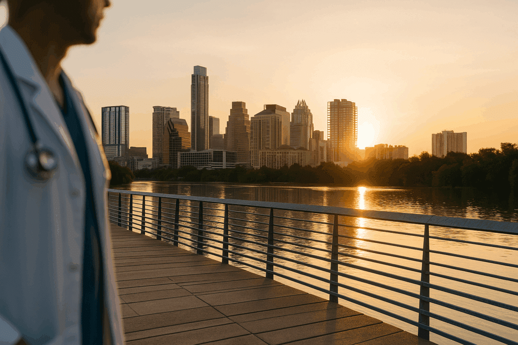 Medical professional in scrubs viewing the Austin skyline from the Lady Bird Lake boardwalk at sunrise, representing medical detox and recovery in Austin.
