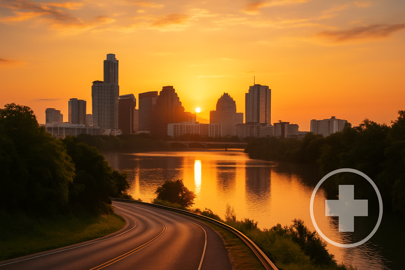 Austin skyline at sunrise over Lady Bird Lake with subtle medical icon—hero image for detox in Austin (medical detox, inpatient, IOP).