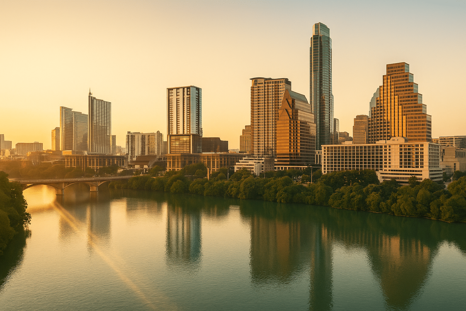 Austin skyline at golden hour over Lady Bird Lake with soft glow—hero image for Austin Texas alcohol rehab guide featuring detox, inpatient, IOP, and local aftercare.