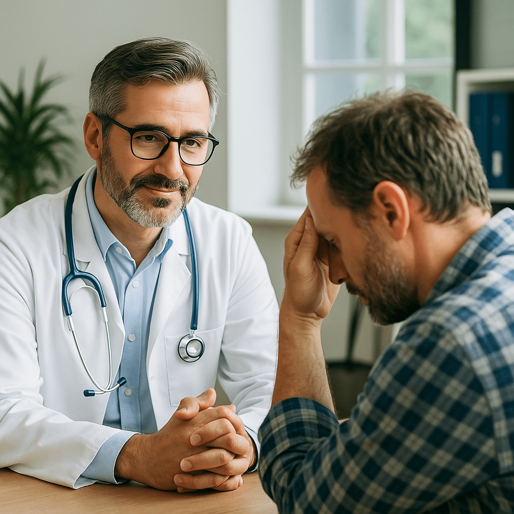 Compassionate physician meeting with a patient during medical alcohol detox in Austin to discuss withdrawal care and recovery planning.