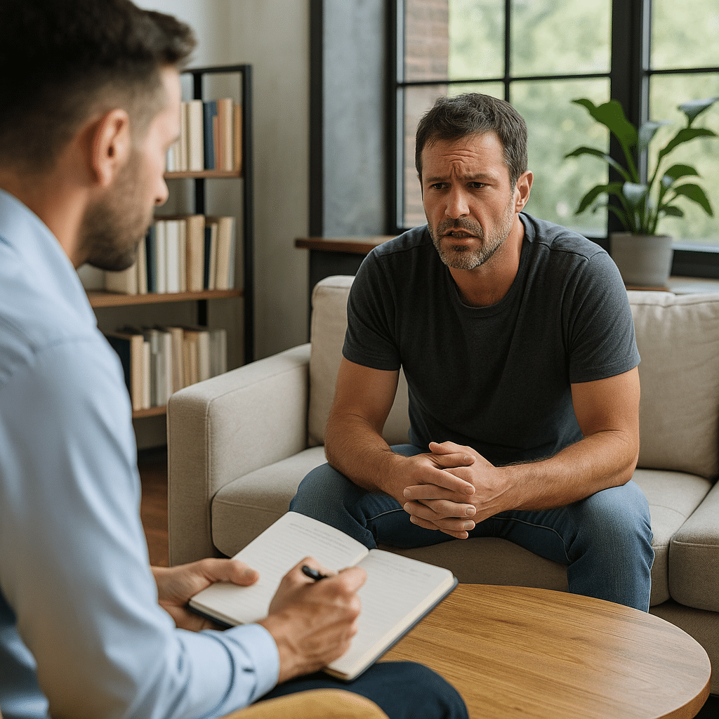 Therapist supporting a man during addiction detox at a recovery center in Austin, Texas, symbolizing compassionate alcohol and drug detox care.