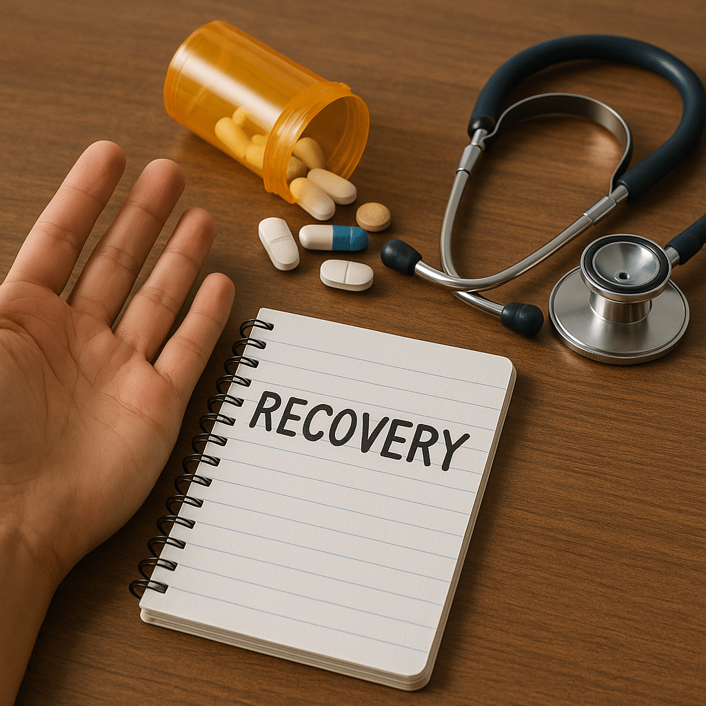 A recovery notebook, medication bottle, and stethoscope on a wooden table symbolize addiction detox and medical support in Austin drug rehab programs.