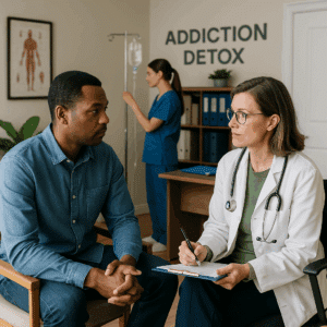 Nurse preparing IV equipment in a modern Austin medical detox center while a doctor counsels a patient about alcohol withdrawal treatment.
