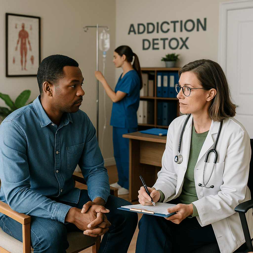 Nurse preparing IV equipment in a modern Austin medical detox center while a doctor counsels a patient about alcohol withdrawal treatment.