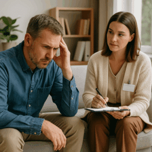 A patient and therapist discuss treatment options during supervised addiction detox in a peaceful Austin recovery room.