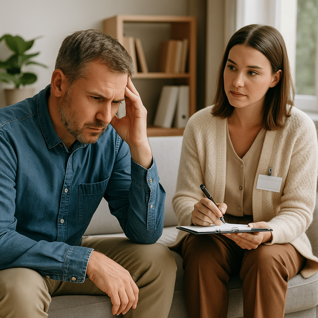 A patient and therapist discuss treatment options during supervised addiction detox in a peaceful Austin recovery room.