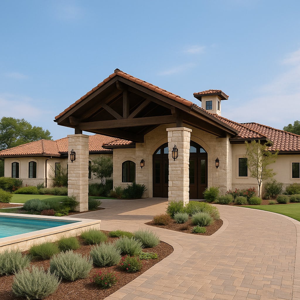 Front view of a luxury drug rehab center in Austin, Texas, featuring Mediterranean-style architecture with stone walls, red-tiled roof, and landscaped gardens.