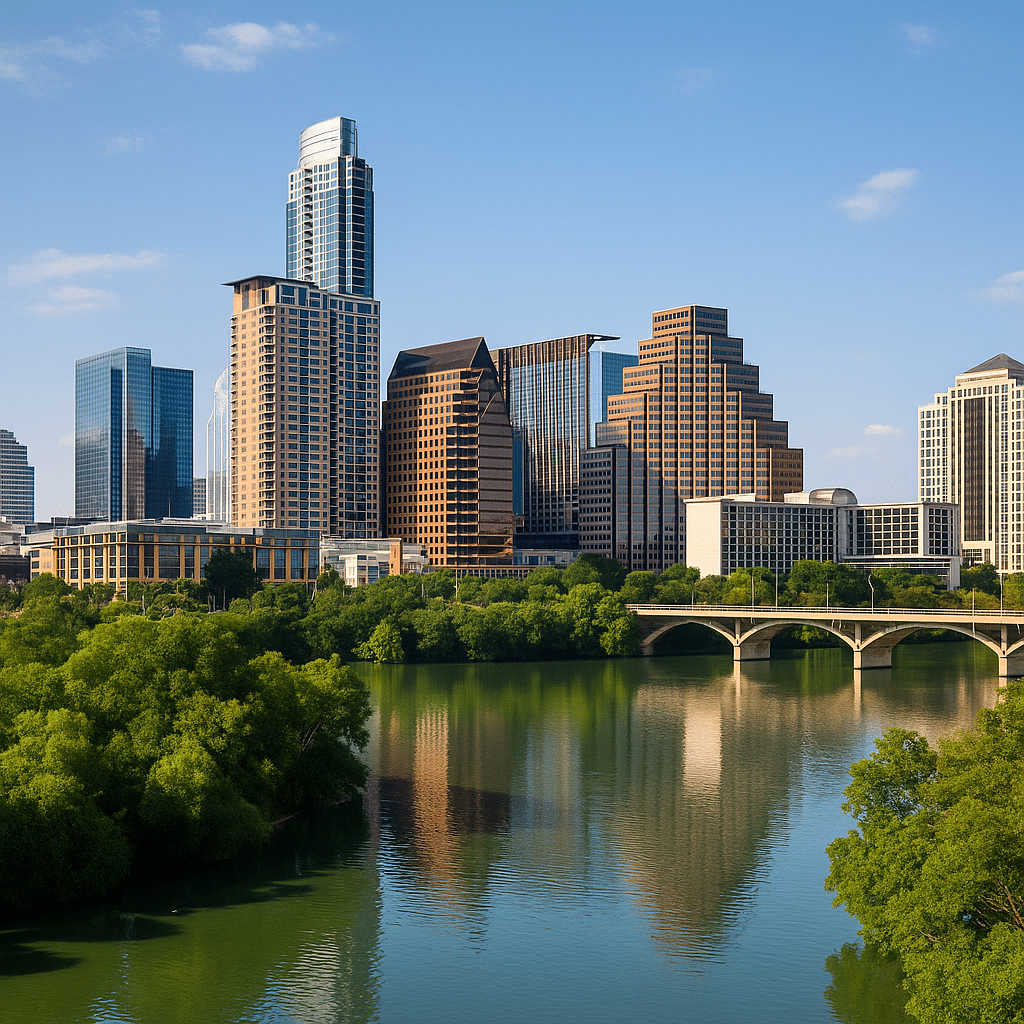 Austin Texas alcohol rehab center skyline view with modern outpatient facilities and serene river surroundings.