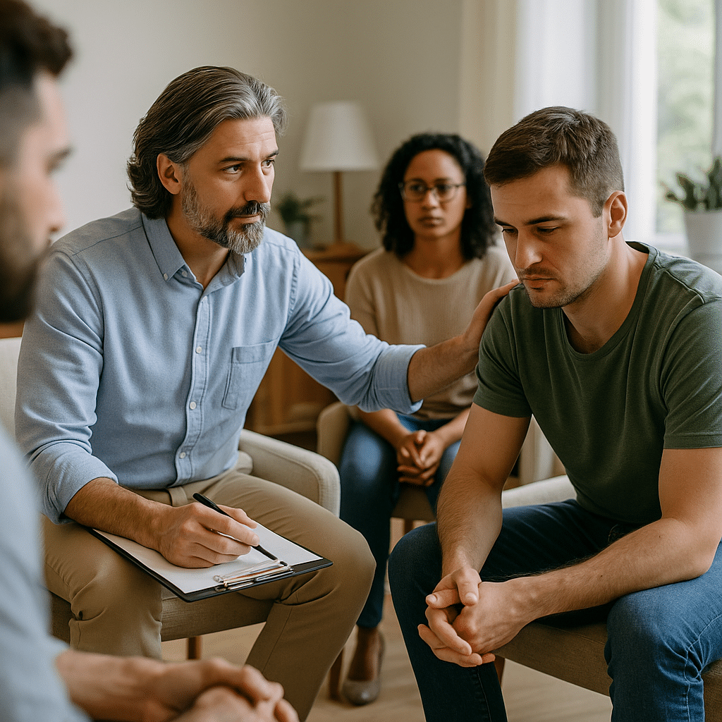 Counselor supporting a client during a group therapy session at a luxury drug rehab center in Austin, Texas.