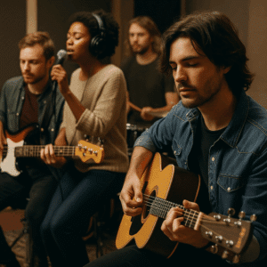 Austin musicians participating in a group therapy session focused on recovery unplugged and emotional healing through music.