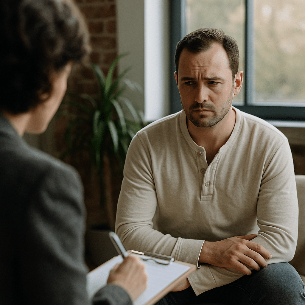 A therapist and patient engaged in a calm outpatient detox session in a bright San Antonio recovery clinic.