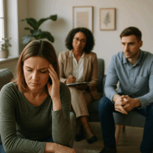 A therapist and client in a calm outpatient counseling session at a modern mental health clinic in San Antonio, Texas.