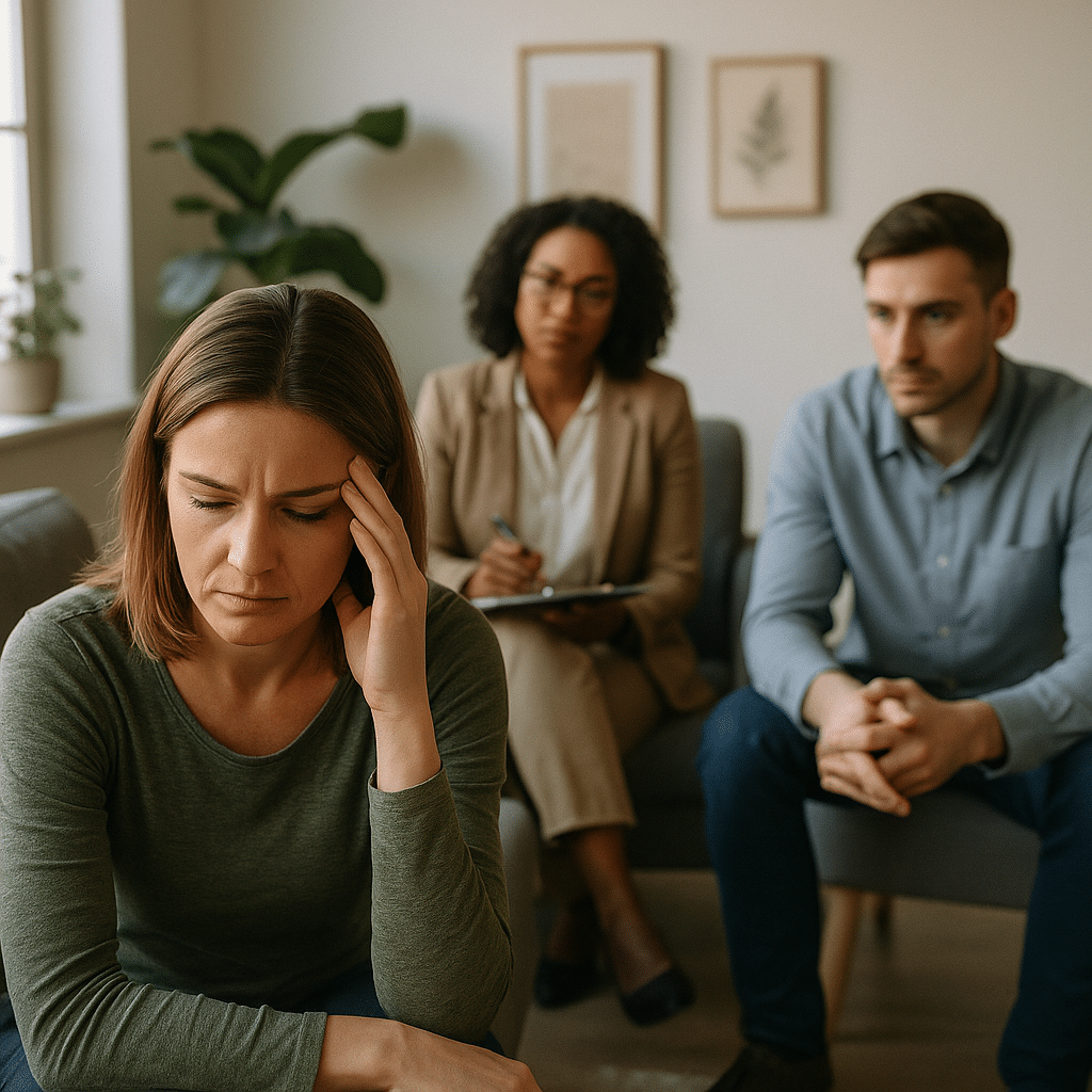 A therapist and client in a calm outpatient counseling session at a modern mental health clinic in San Antonio, Texas.