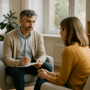 A therapist and patient sit in a bright outpatient counseling room in San Antonio, Texas, engaged in a calm discussion about addiction recovery and mental health treatment.