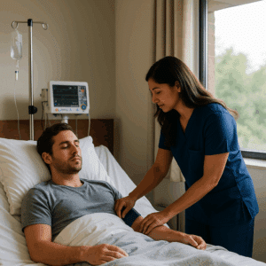 Nurse checking a patient’s vitals in a calm Austin medical detox room with monitoring equipment and daylight through a window.