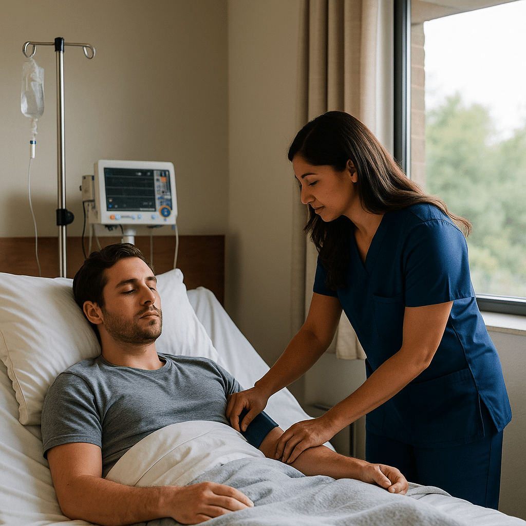 Nurse checking a patient’s vitals in a calm Austin medical detox room with monitoring equipment and daylight through a window.