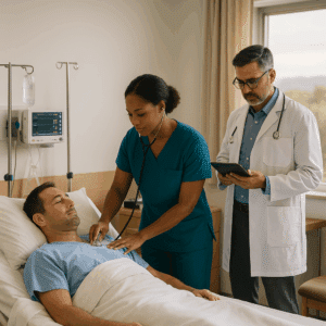 Nurse checks a patient’s vitals in a quiet Austin medical detox room with monitors and IV stand, showing inpatient drug treatment, 24/7 care, and withdrawal management.