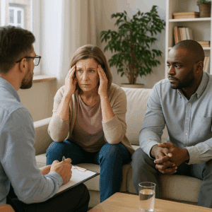 Therapist and patient in a calm inpatient detox therapy session at Briarwood Detox Center in Austin, Texas.