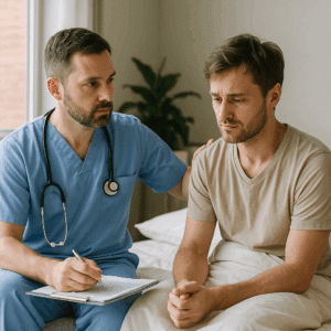 A caring doctor in blue scrubs supporting a male patient during inpatient detox at a medical facility in Austin, Texas.