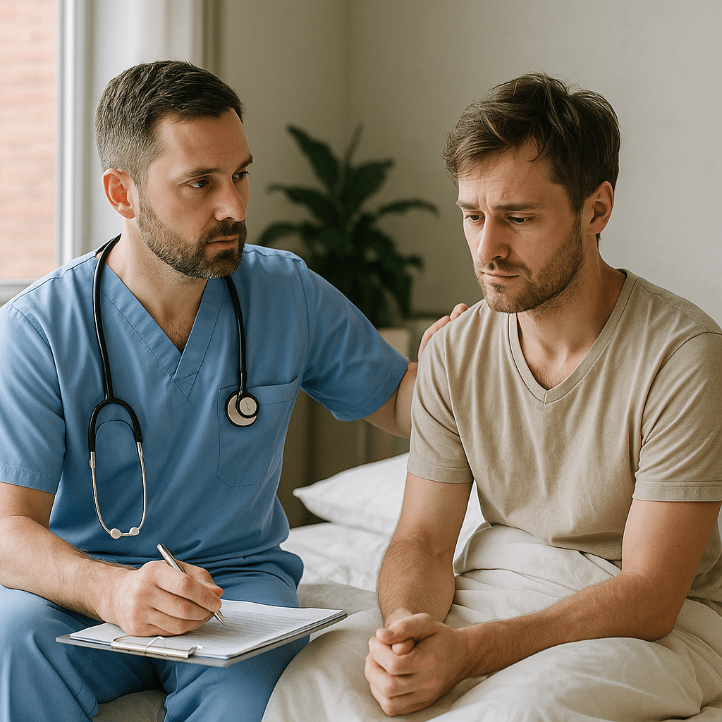A caring doctor in blue scrubs supporting a male patient during inpatient detox at a medical facility in Austin, Texas.
