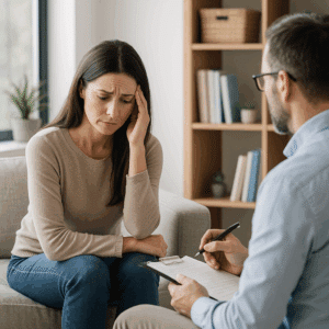 A therapist and client sit in a bright counseling room during an outpatient substance use disorder session in San Antonio.