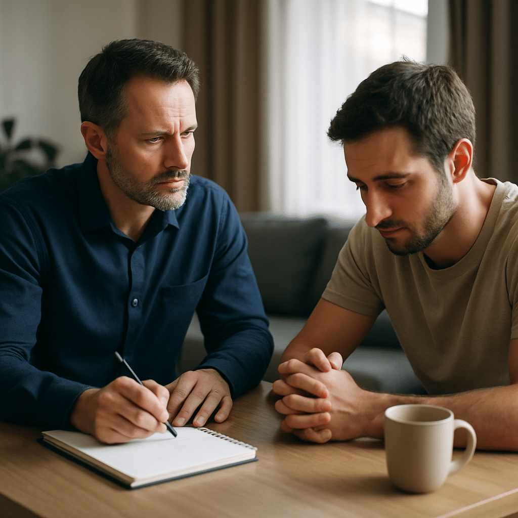 A counselor and an individual sit in a quiet room discussing early steps in outpatient drug abuse counseling, with natural light and a small succulent on the table.