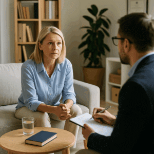 A therapist and client sit across from each other in a calm, well-lit counseling room at a detox center, discussing outpatient substance abuse treatment in San Antonio, with a warm amber lamp glowing in the corner.