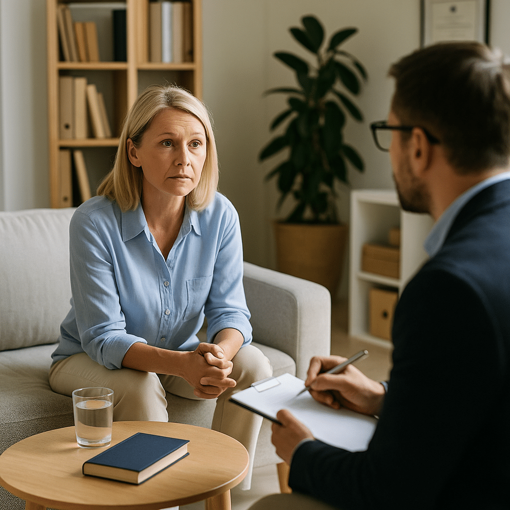 A therapist and client sit across from each other in a calm, well-lit counseling room at a detox center, discussing outpatient substance abuse treatment in San Antonio, with a warm amber lamp glowing in the corner.
