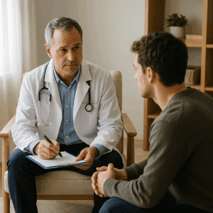 A clinician and patient sit together in a calm medical consultation room, discussing inpatient substance abuse treatment at Briarwood Detox Center in Austin, with natural light and a warm amber desk lamp in the background.