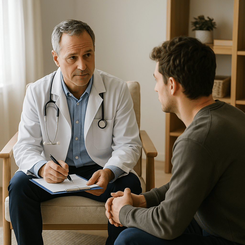 A clinician and patient sit together in a calm medical consultation room, discussing inpatient substance abuse treatment at Briarwood Detox Center in Austin, with natural light and a warm amber desk lamp in the background.