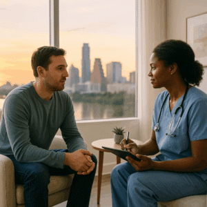 Person meeting with a nurse in a modern inpatient detox room at Briarwood Detox Center in Austin, with the city skyline and a small succulent visible in the background.