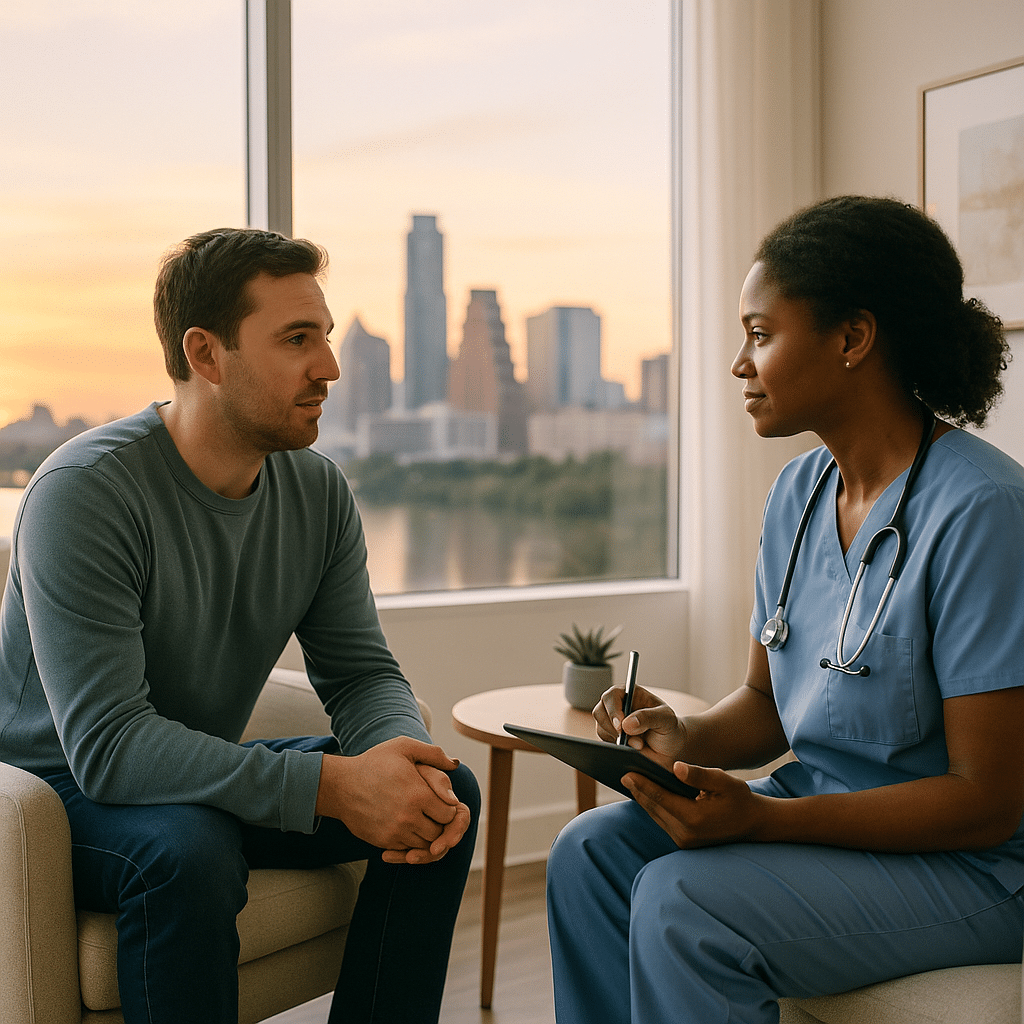 Person meeting with a nurse in a modern inpatient detox room at Briarwood Detox Center in Austin, with the city skyline and a small succulent visible in the background.