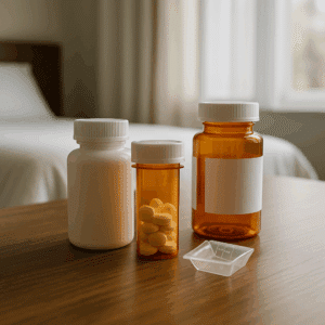 Prescription medication bottles on a bedside table in a calm inpatient detox room with soft natural light and a small green plant near the window.