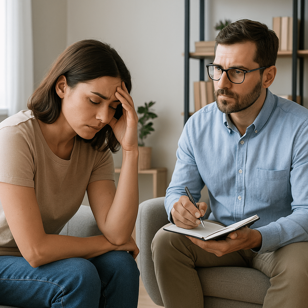 A patient meets with a medical provider in a calm inpatient detox consultation room, with soft window light and a reflective tablet screen adding a unique detail.