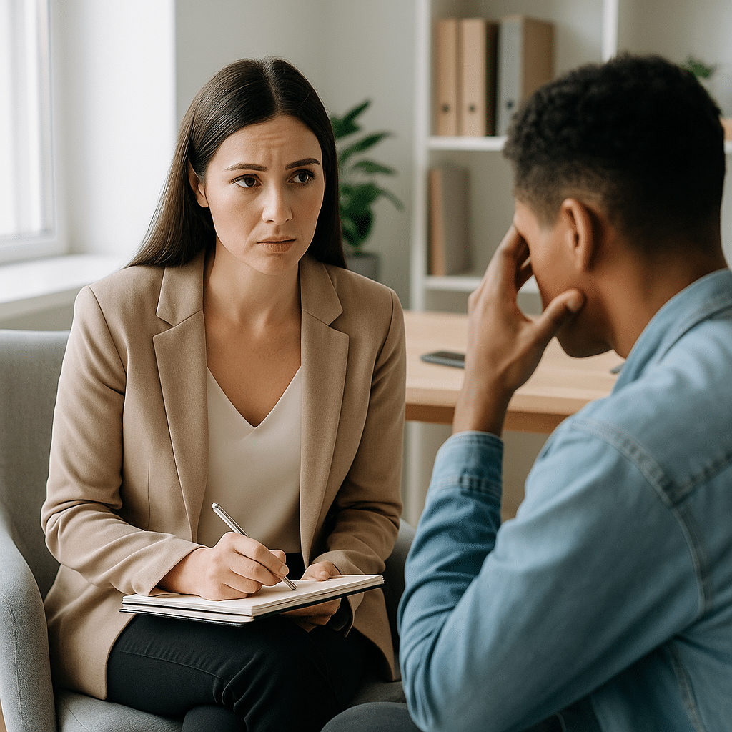 Therapist meeting with an outpatient drug treatment client in a calm, softly lit clinical office, with a small potted plant on the shelf in the background.