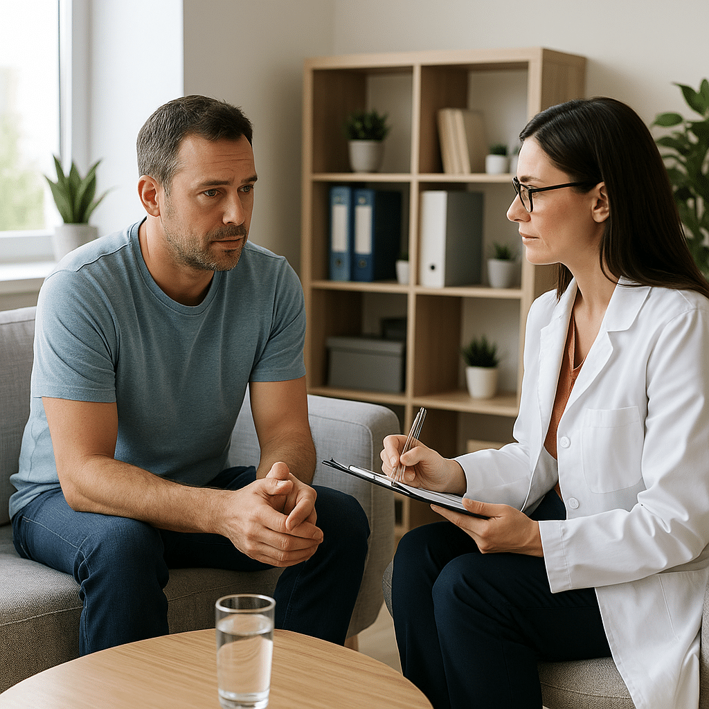 A clinician meets with an adult client in a calm medical office, discussing outpatient long-term drug treatment options with natural light illuminating a small table holding a reflective glass of water.