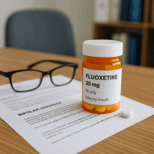 A prescription bottle of fluoxetine on a desk in a modern Austin medical office with a stethoscope, glasses, and a small succulent plant in soft natural light.