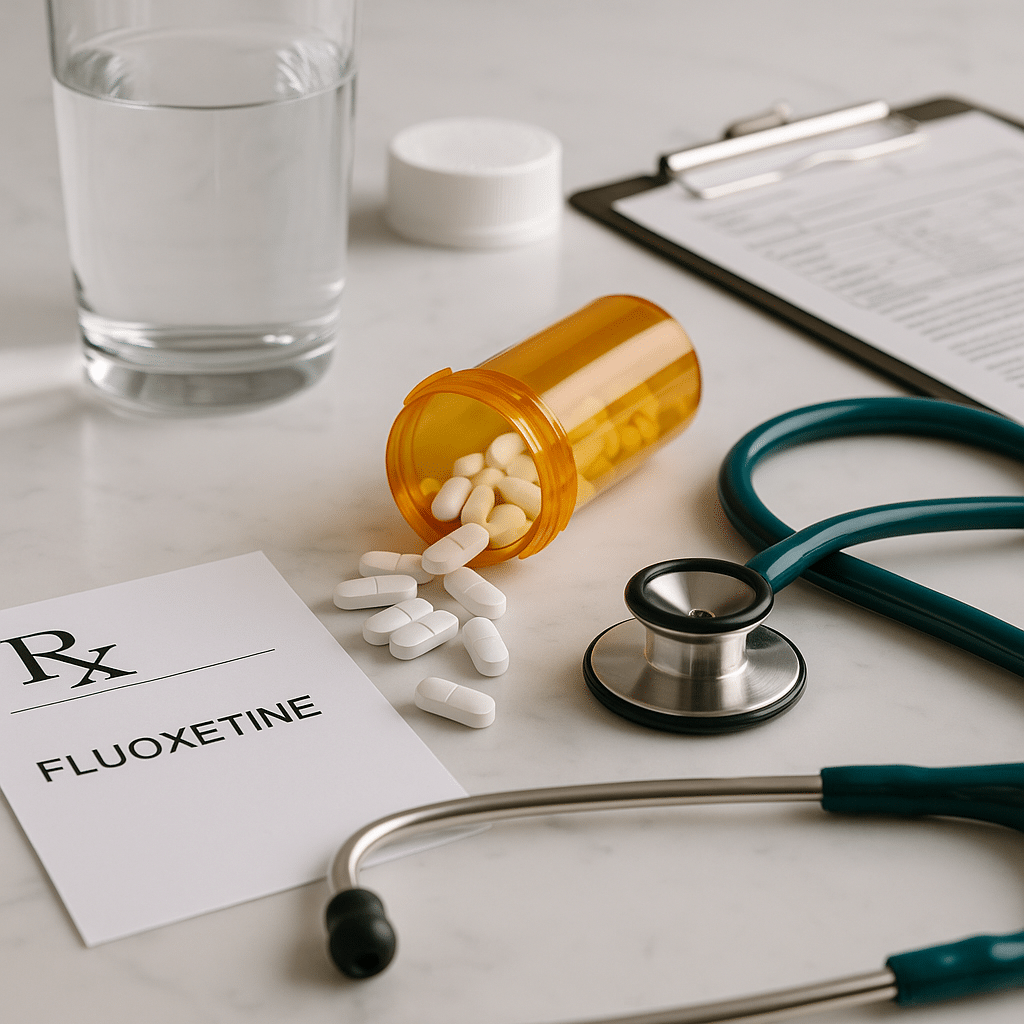 Fluoxetine capsules and a prescription bottle on a clinician’s desk during a medical consultation, with a doctor and patient talking softly in the background.