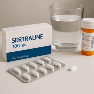 Sertraline medication setup with a blister pack, prescription bottle, pen, and glass of water on a wooden surface under soft natural light.