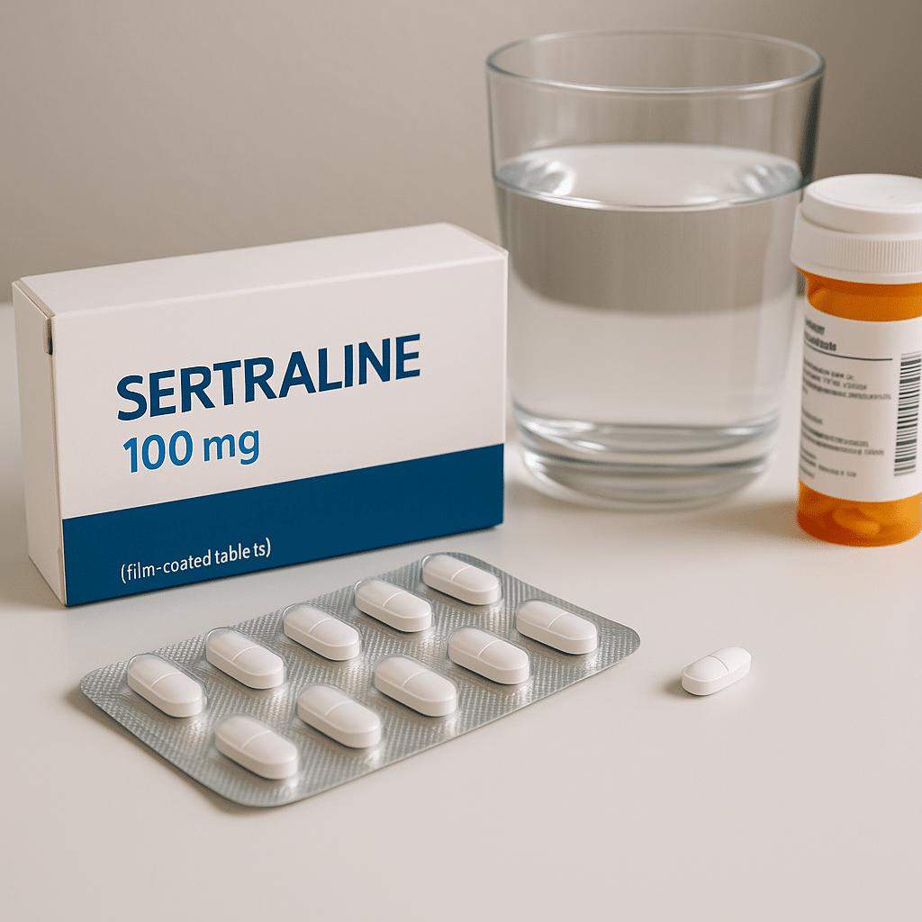 Sertraline medication setup with a blister pack, prescription bottle, pen, and glass of water on a wooden surface under soft natural light.