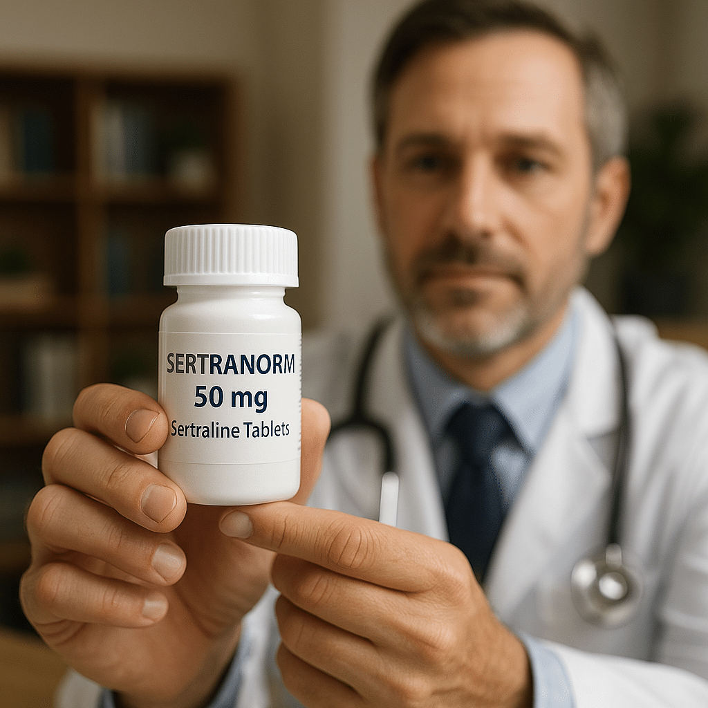 A brown prescription bottle tipped on its side with off-white tablets spilled onto a wooden table beside a clipboard with patient intake forms, a pen, and blurred glasses in the background.