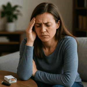 A person sitting on a couch holding their temple in discomfort, with a cigarette pack nearby, depicting nicotine withdrawal symptoms in a calm, naturally lit living room.