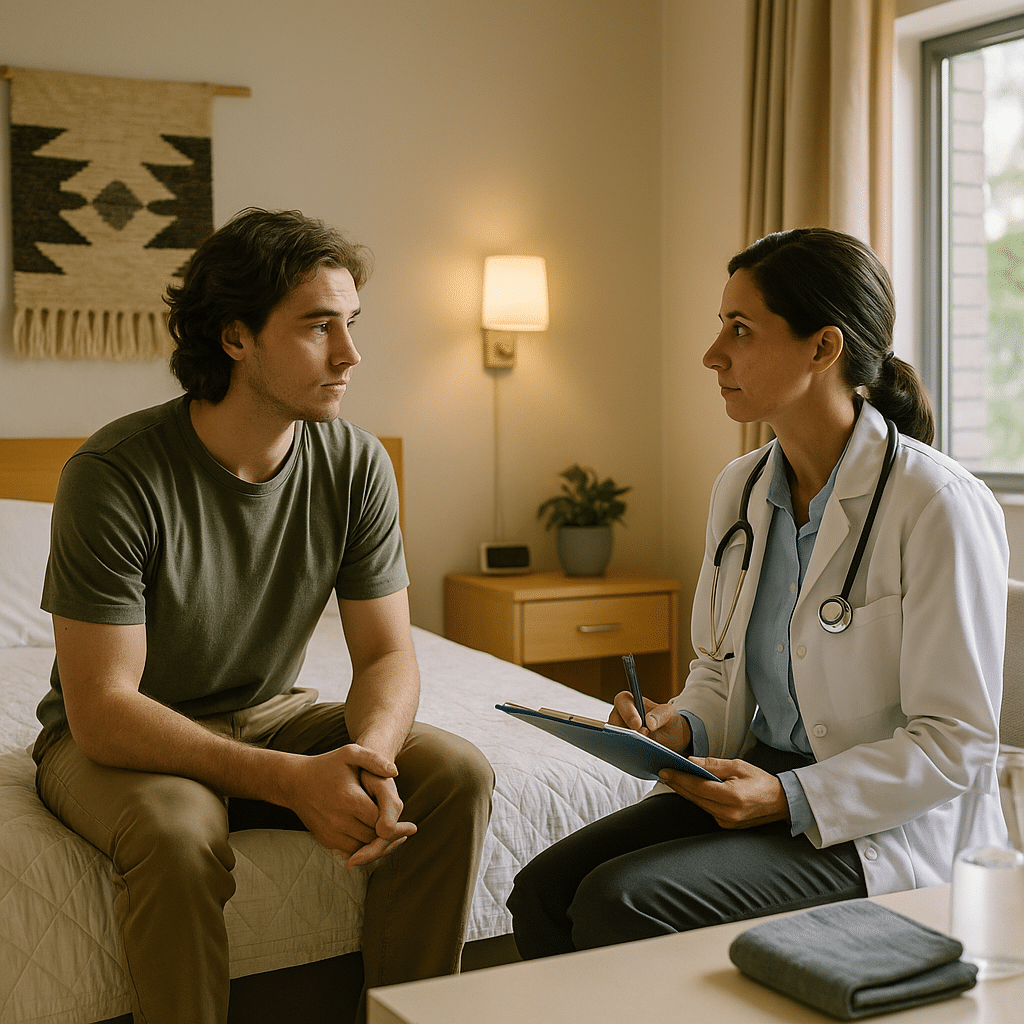 Person receiving supportive medical detox care in a calm Austin treatment room, symbolizing help for hybrid weed use at Briarwood Detox Center.