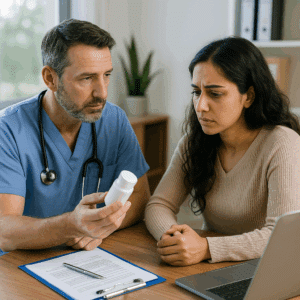 Doctor discussing detox options with an adult patient while holding a prescription bottle in a bright medical office.