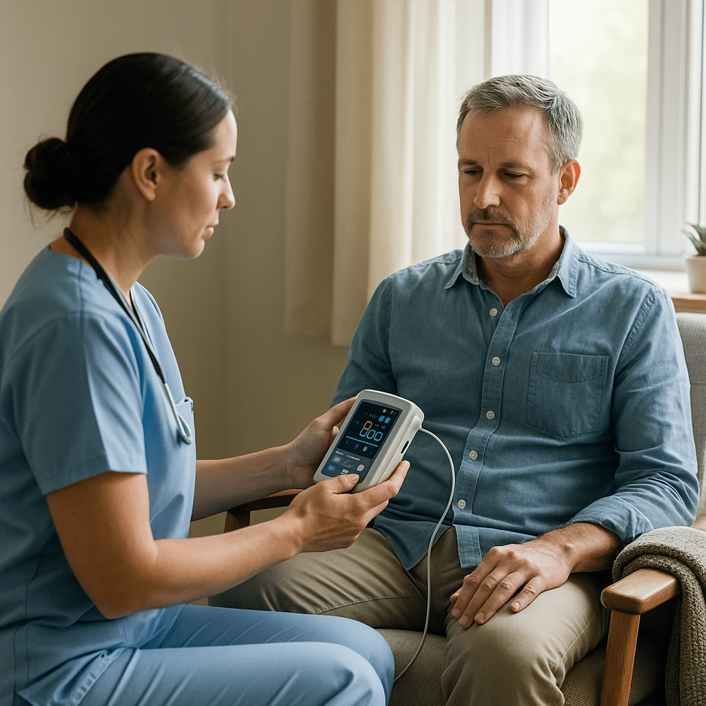 A patient receiving supportive medical detox care in a calm Austin clinical setting while a clinician monitors vitals, representing alcohol and weed detox services.