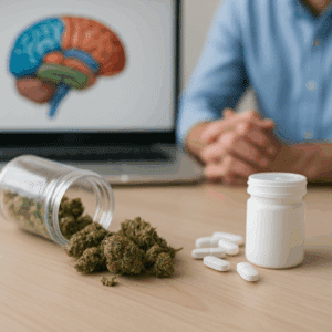 Glass jar of cannabis buds spilled onto a wooden table beside a pill bottle and tablets, with a blurred clinician and a brain diagram on a laptop in the background.