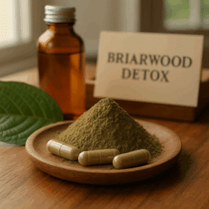 A wooden plate filled with green kratom powder and capsules sits near an amber medicine bottle and a kratom leaf, softly lit by natural window light.