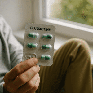 A person sitting near a bright window holding a blister pack of green fluoxetine capsules, symbolizing Prozac withdrawal and medication changes.