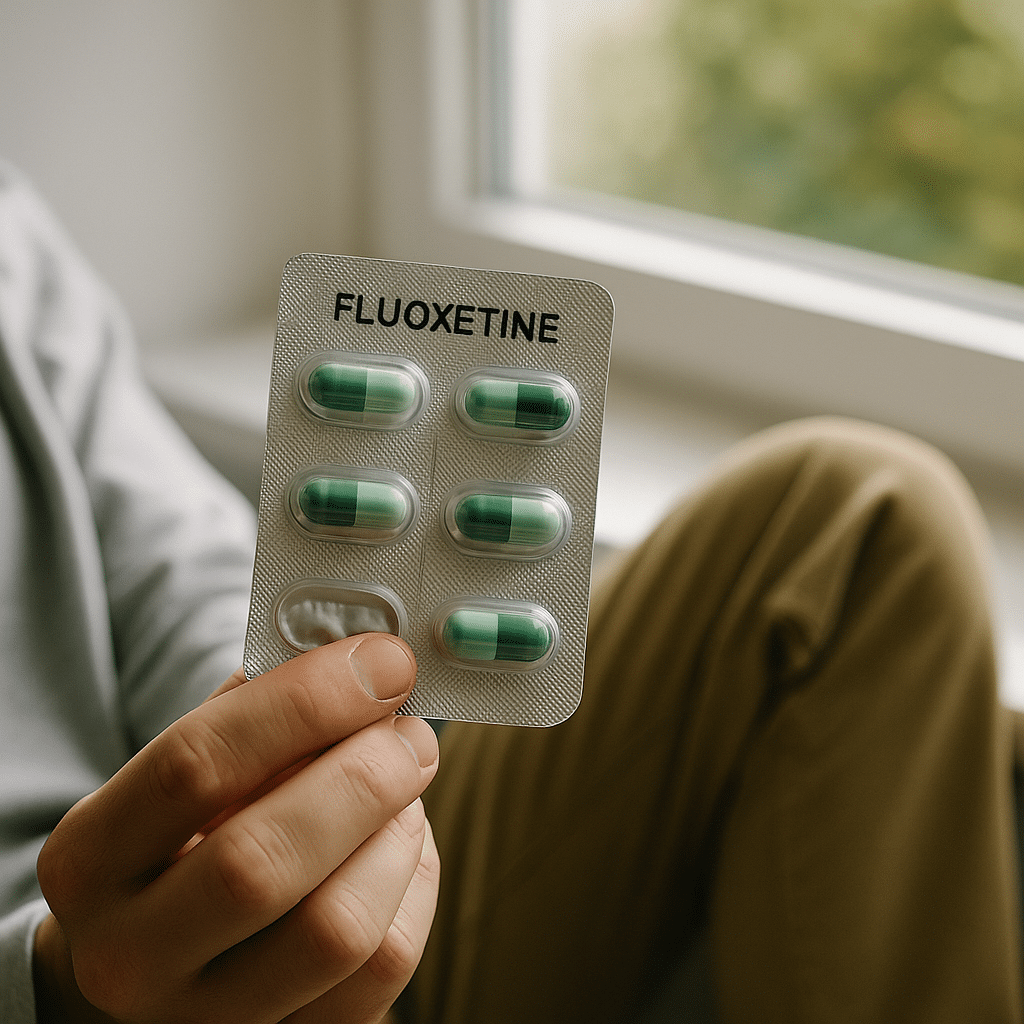 A person sitting near a bright window holding a blister pack of green fluoxetine capsules, symbolizing Prozac withdrawal and medication changes.